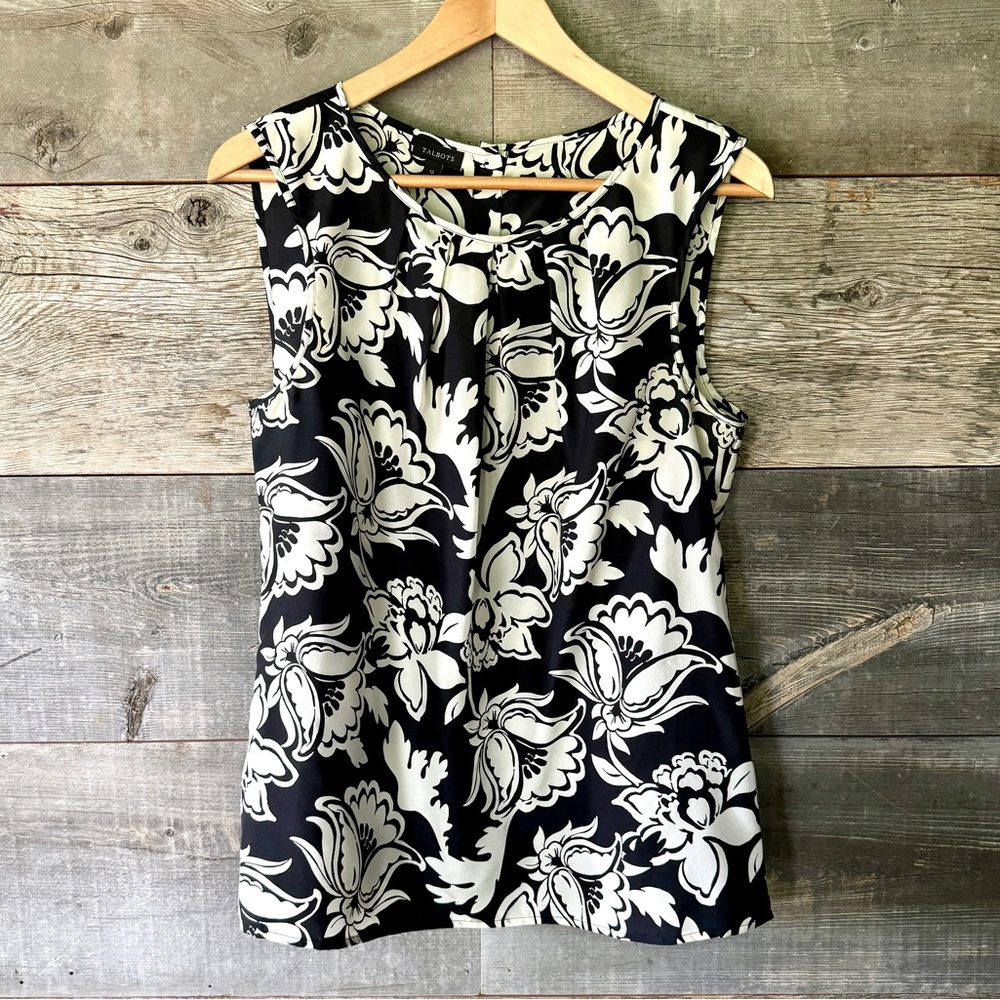 Talbots 100% Silk Sleeveless Black White Floral Button Back Top Career, Sz 12